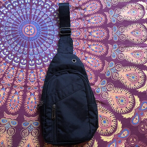90s Black Silver Fanny Pack - Vintage Nylon Side Bag - Single Strap Shoulder Bag